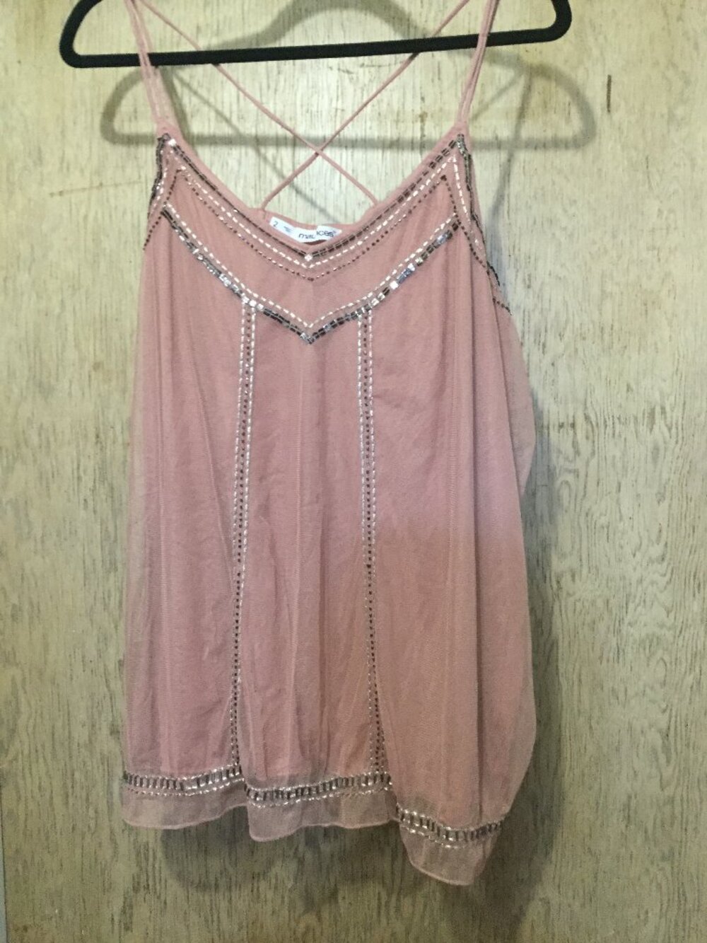 Maurices pink crisscross  straps tank top size 2 sheer overlay in front 22 p2p